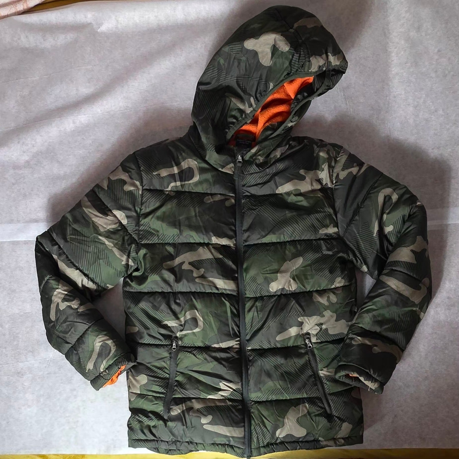 Faded Glory Puffer Jacket Boys Xl Camo Green Orange Lined Hooded Outdoor Camping